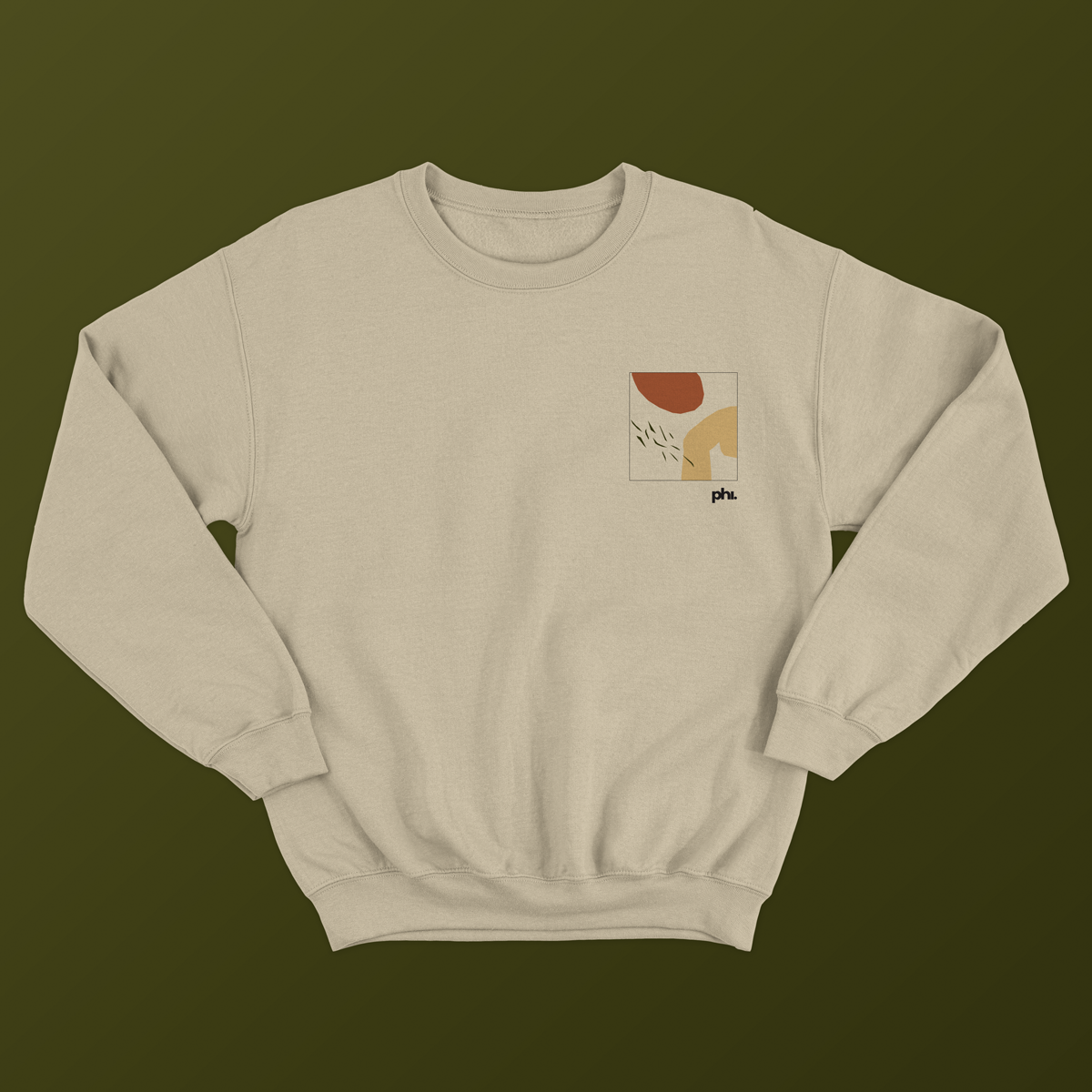 Beige crewneck sweater with visual elements of the branding, where the pocket should be.